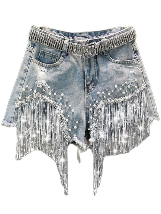 Sommer Elegante Shorts Dame Quaste Perlen Hohe Taille Breite Bein Denim Shorts Weibliche Beiläufige