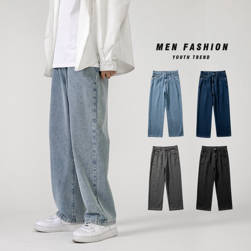 Koreanische Mode Herren Baggy Jeans klassische All-Match einfarbige Jeans mit geradem Bein und weitem Bein männlich hellblau grau schwarz