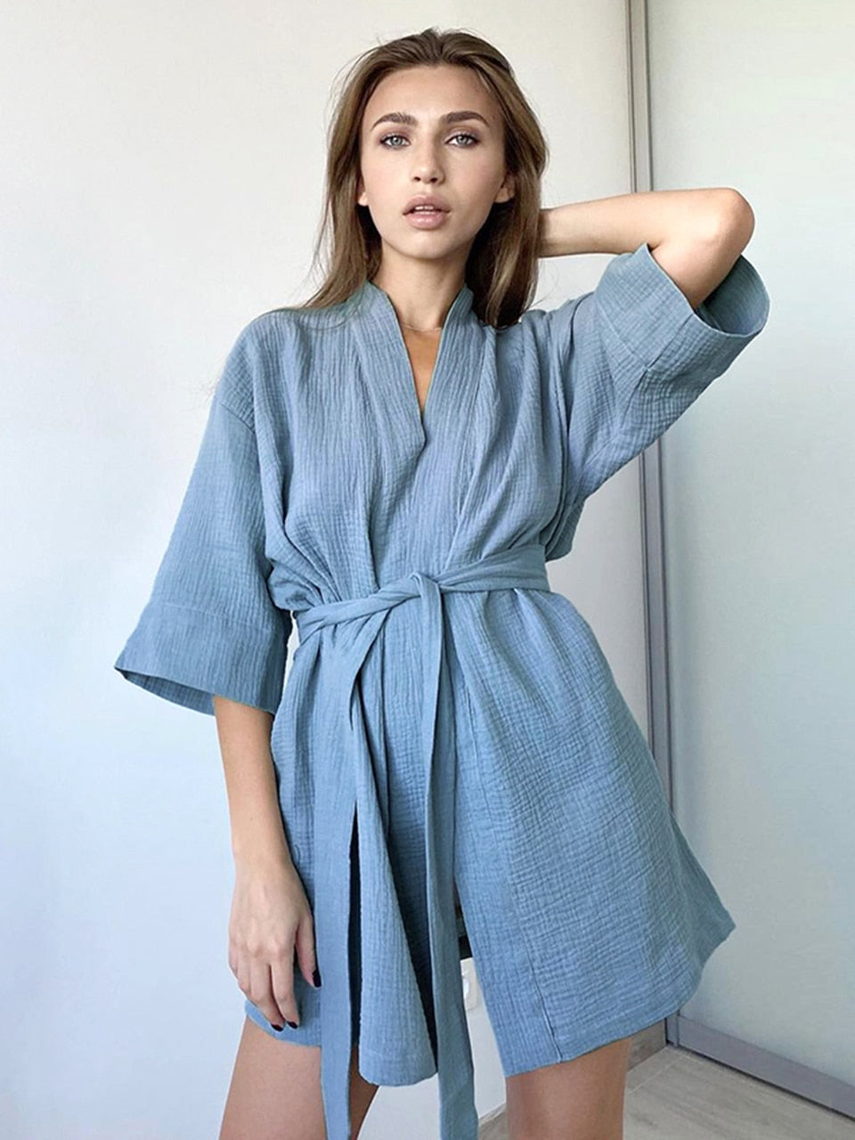 Crepe Cotton Robe Women Nightwear Sleepwear Mini Bathrobes Lace Up Nightwear Muslin Women Home Clothes Solid Color Robes Women Nightgown