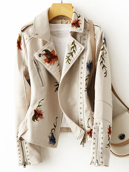 New Women Retro Floral Print Embroidery Faux Soft Leather Jacket Coat Turndown Collar