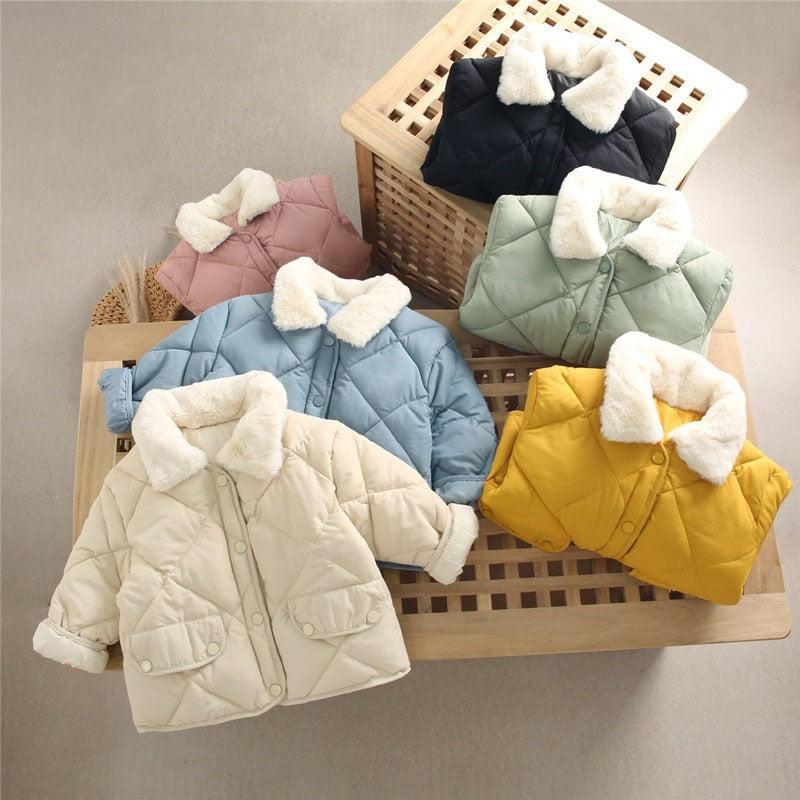 Neue Winter Kinder warme Baumwoll jacken Kaninchen Pelz Kragen Mäntel Baby kurze Stepp jacke