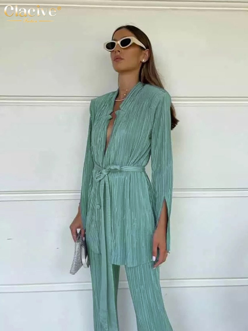 Clacive Autumn Green Pleated Pants Set Bodycon Slit Trosuer Suits Fashion Lace-Up Long Sleeve Blazer