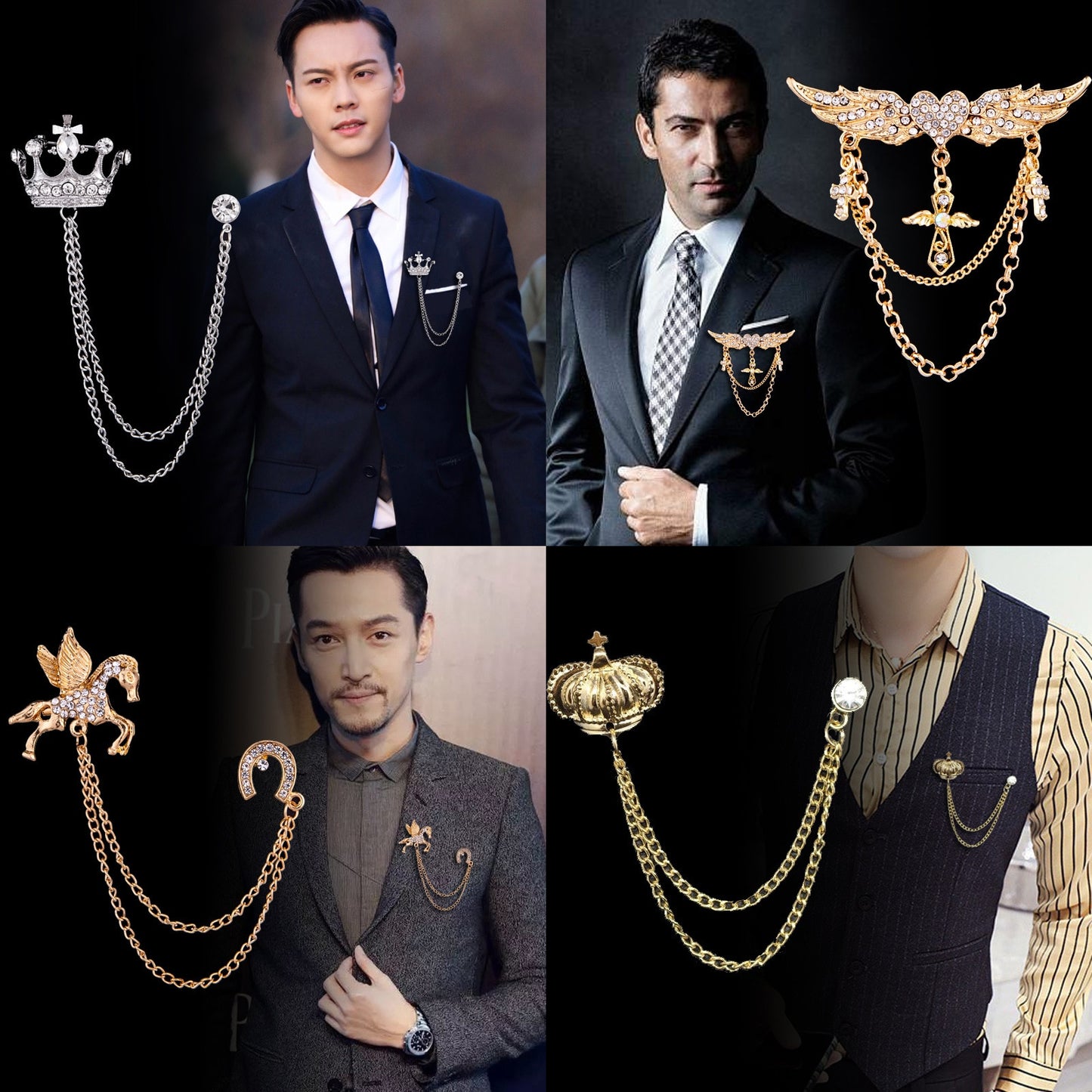 Korean British Style Crown Bird Brooch Cross Suit Tassel Chain Lapel Pin Angle Wing Badge Retro Female Corsage Men Accessories