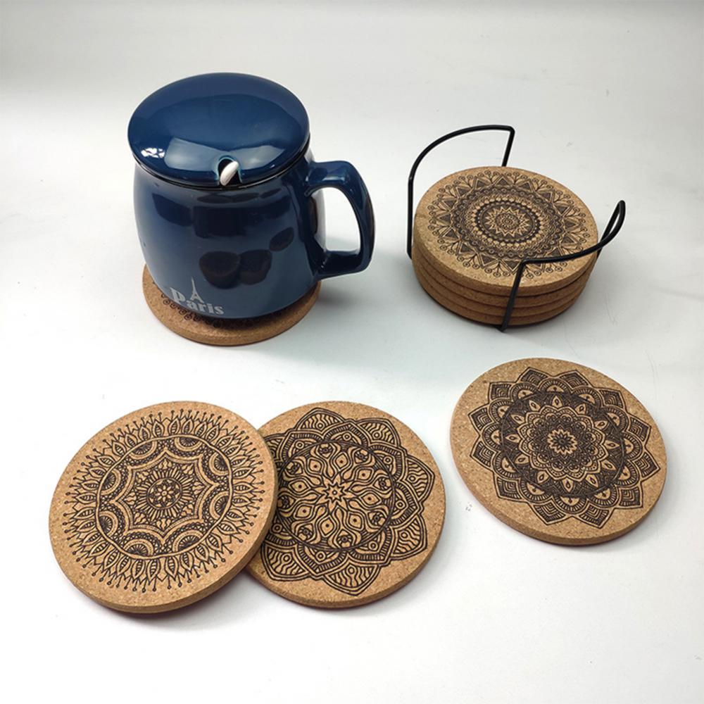 6Pcs/1Set Nordic Mandala Design Round Wooden Coasters Table Placemat Coffee Cup Mat Desk Non-slip Heat Insulation Tea Pad