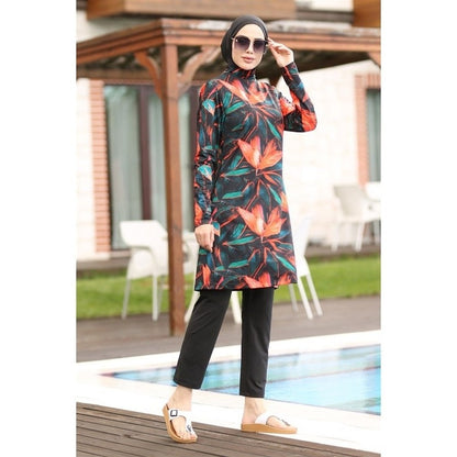 Women Muslim Swimwear Maple Leaf Print Lslamic Clothing Hijab 3 Pcs Long Sleeves Sport Swimsuit Burkinis Bathing Suit Abaya